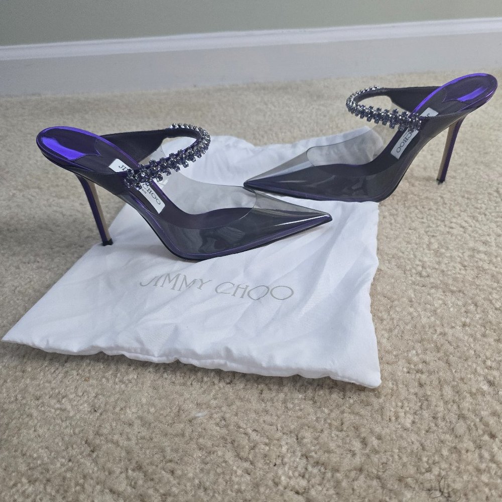 JIMMY CHOO BING 100 PVC MULES IN PURPLE